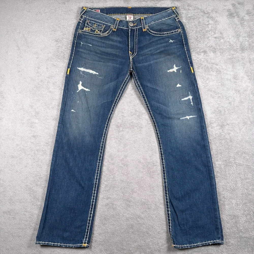 True Religion Jeans Mens 38x34 Ricky Super T Straight Leg Blue Distressed Denim